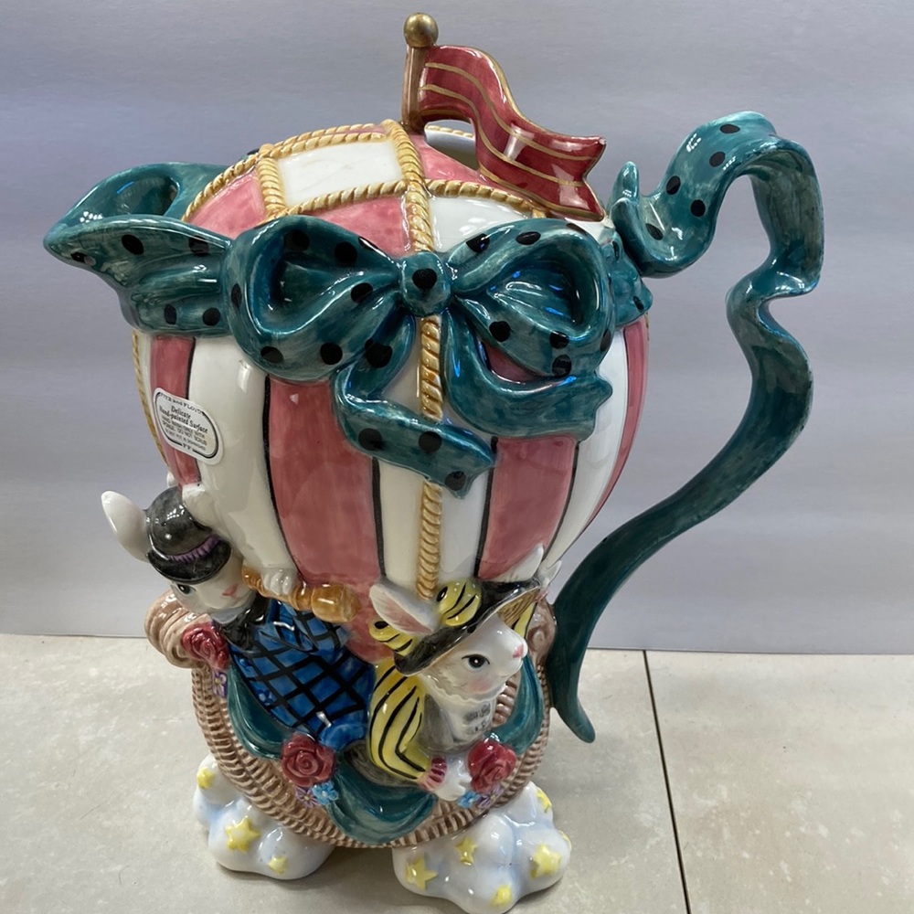 Rare Fitz & Floyd Ballooning Bunnies Hot Air Balloon Sailboat Teapot 1995